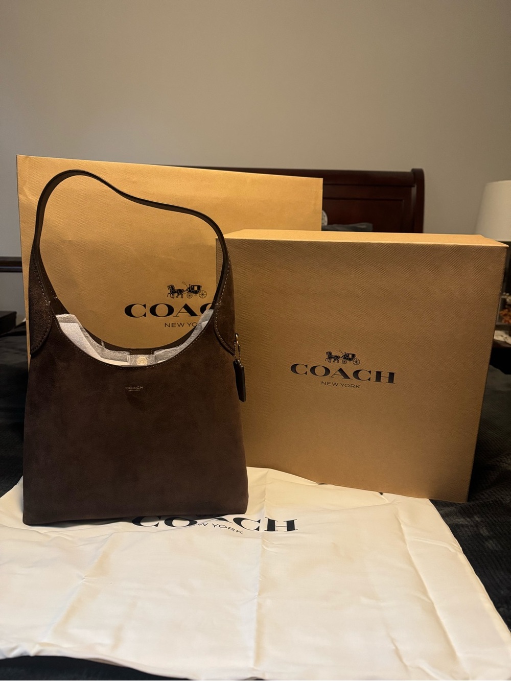 COACH Brooklyn 28Suede Shoulder Bag in Dark Chocolate/ Brass